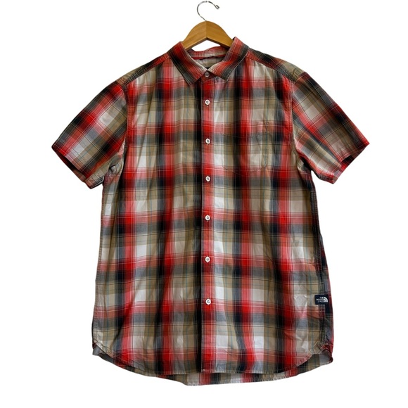 North Face Mens Large Short Sleeve Button Front Orange Plaid Shirt - Picture 1 of 5